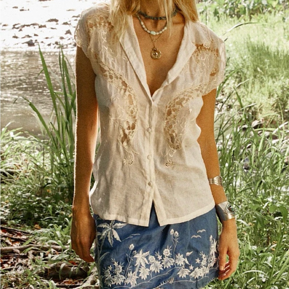 CHASING UNICORNS Roots + Wings Cotton Lace Blouse M NWOT